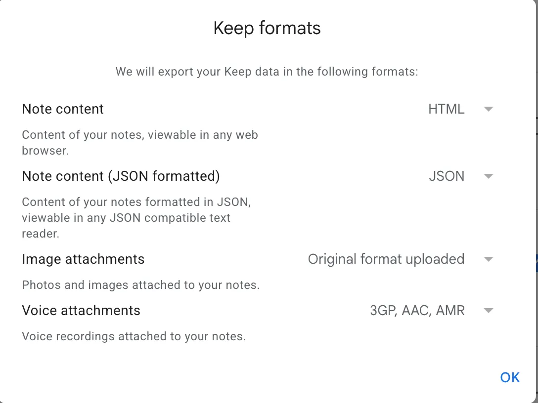 Google Keep export formats, HTML and JSON
