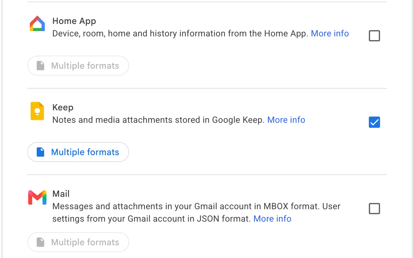 Selecting Keep in Google Takeout