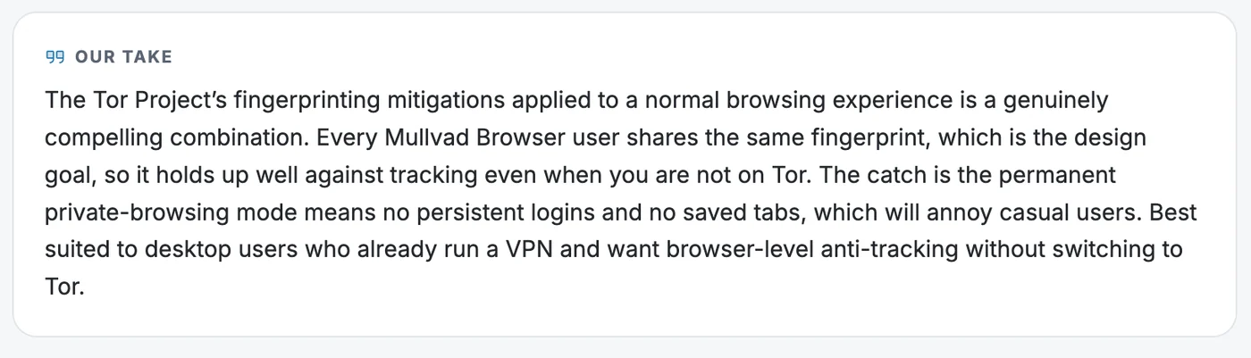 The Our take verdict card on a PrivacyTools.io tool page