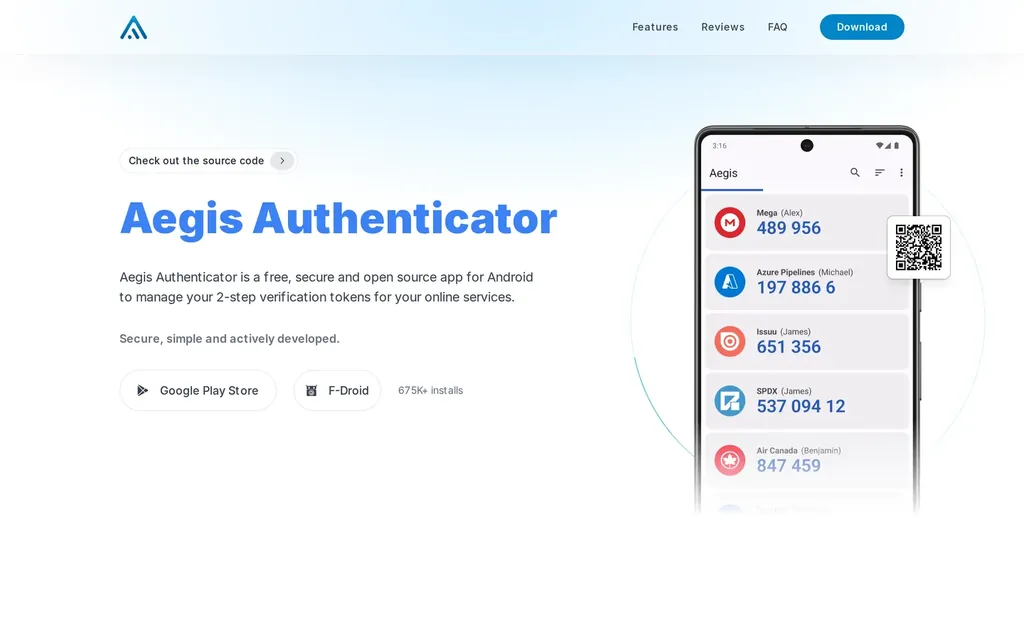 Screenshot of the Aegis Authenticator website