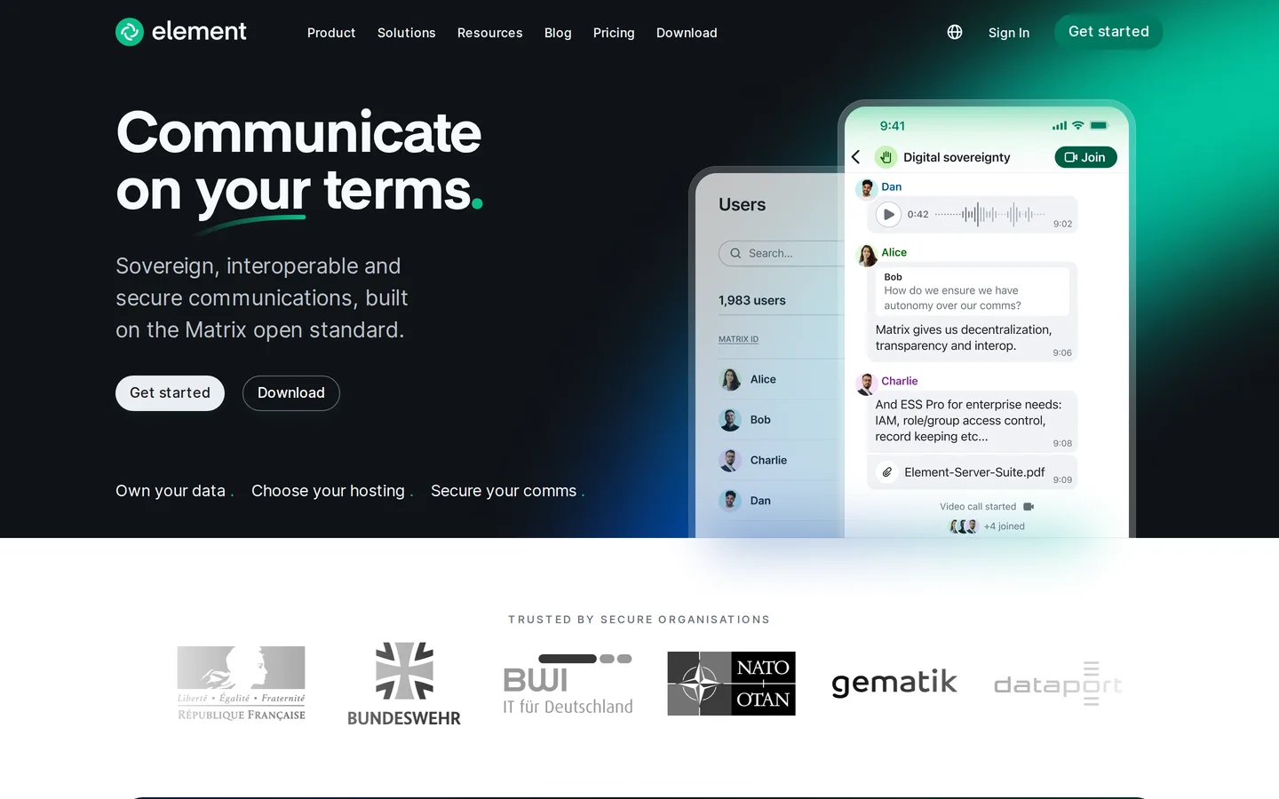Screenshot of the Element website