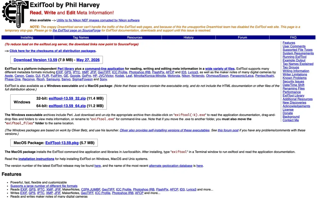 Screenshot of the ExifTool website