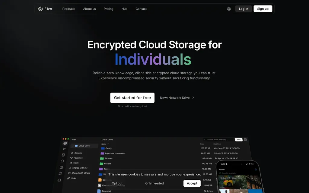 Screenshot of the Filen website