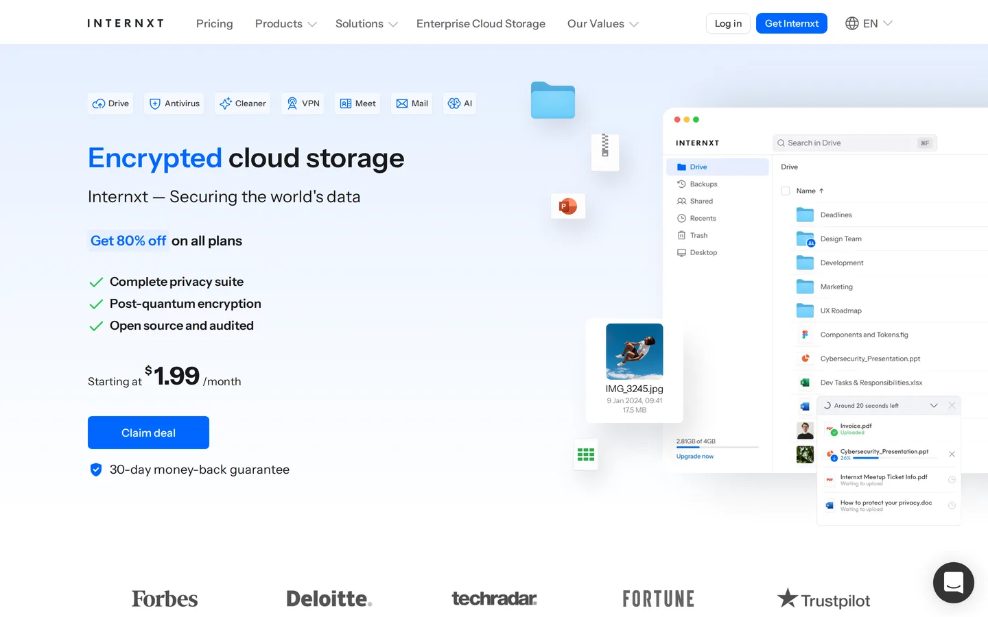 Screenshot of the Internxt website