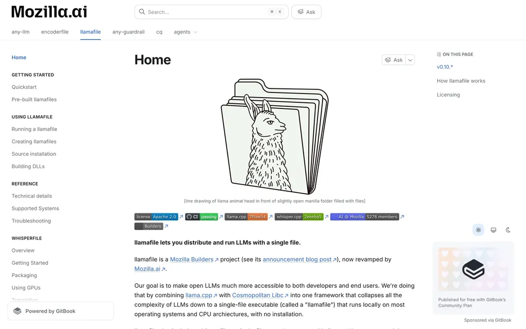 Screenshot of the llamafile website