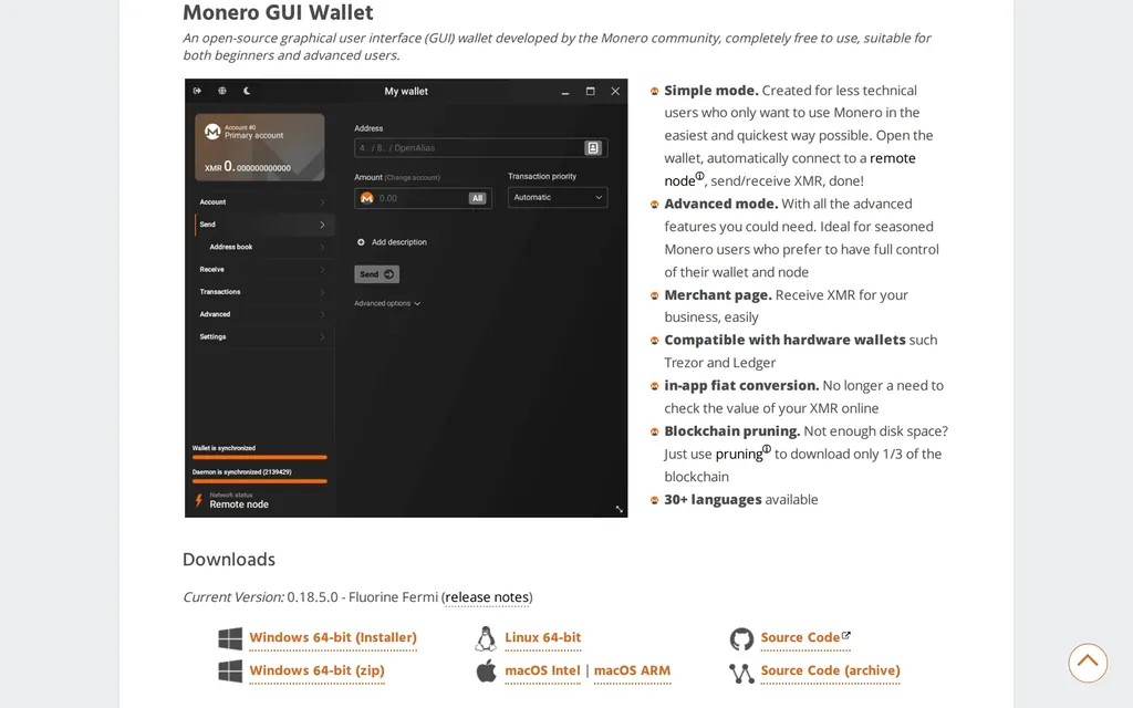 Screenshot of the Monero GUI Wallet website