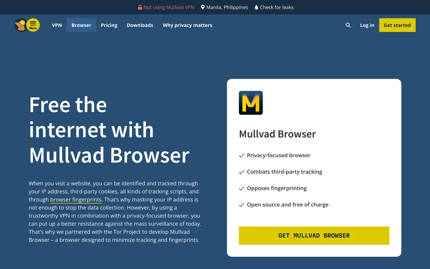 Screenshot of the Mullvad Browser website
