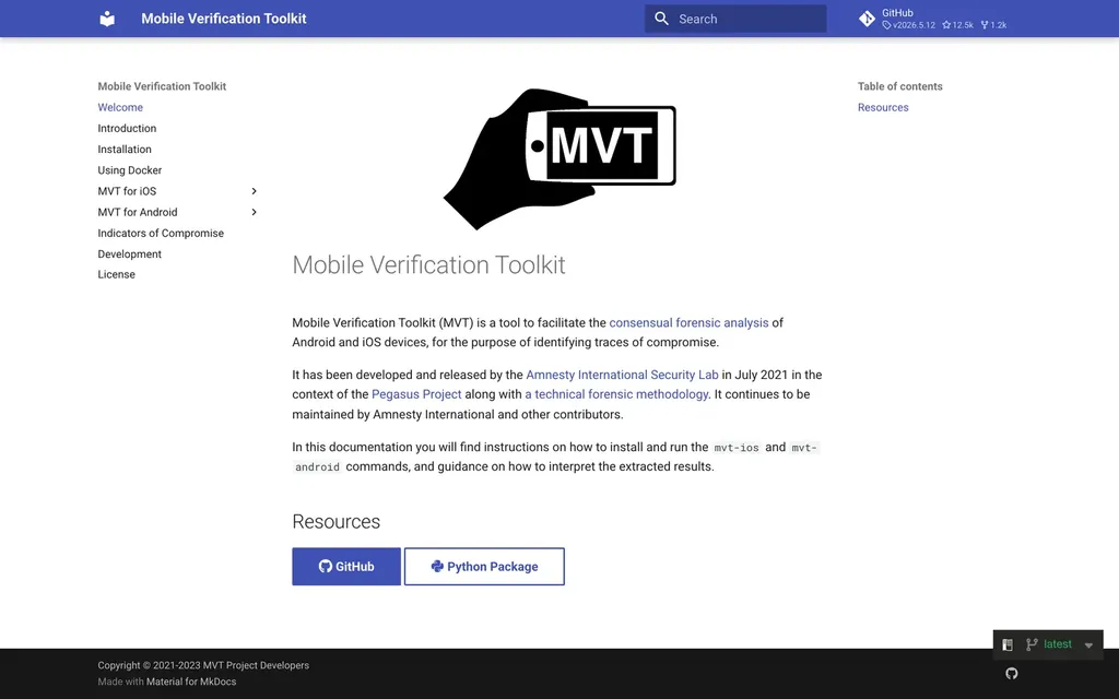 Screenshot of the Mobile Verification Toolkit website