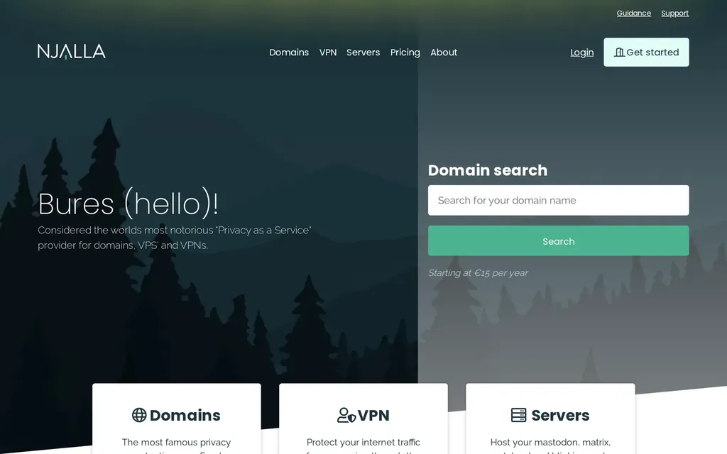 Screenshot of the Njalla website