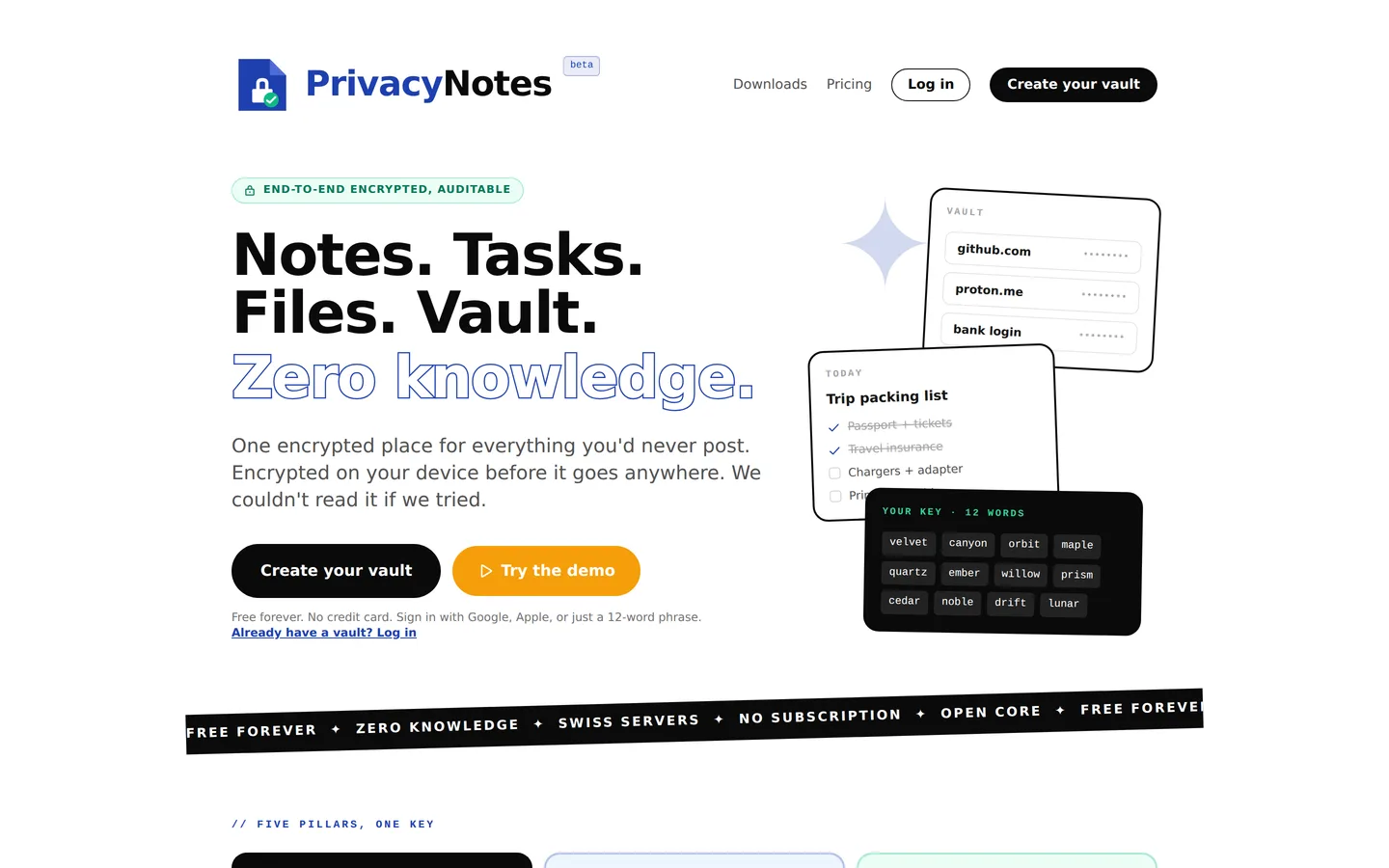Screenshot of the PrivacyNotes website