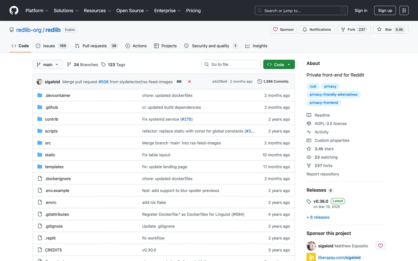 Screenshot of the Redlib website