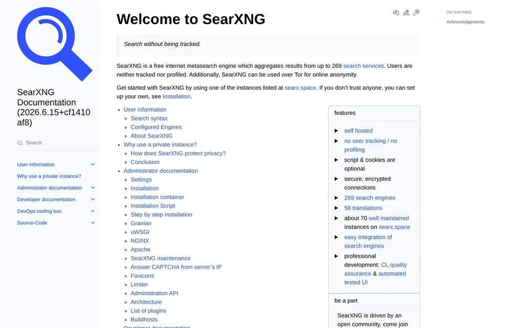 Screenshot of the SearXNG website